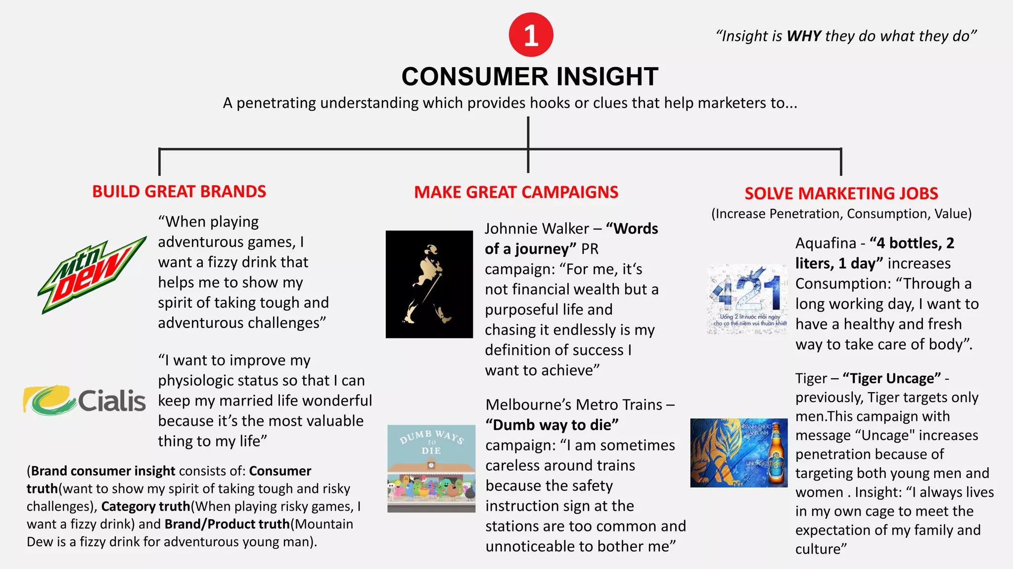 “Insight is WHY they do what they do”
BUILD GREAT BRANDS
1
CONSUMER INSIGHT
A penetrating understanding which provides hooks or clues that help marketers to...
MAKE GREAT CAMPAIGNS SOLVE MARKETING JOBS
(Increase Penetration, Consumption, Value)
Johnnie Walker – “Words
of a journey” PR
campaign: “For me, it‘s
not financial wealth but a
purposeful life and
chasing it endlessly is my
definition of success I
want to achieve”
Melbourne’s Metro Trains –
“Dumb way to die”
campaign: “I am sometimes
careless around trains
because the safety
instruction sign at the
stations are too common and
unnoticeable to bother me”
“When playing
adventurous games, I
want a fizzy drink that
helps me to show my
spirit of taking tough and
adventurous challenges”
Aquafina - “4 bottles, 2
liters, 1 day” increases
Consumption: “Through a
long working day, I want to
have a healthy and fresh
way to take care of body”.
(Brand consumer insight consists of: Consumer
truth(want to show my spirit of taking tough and risky
challenges), Category truth(When playing risky games, I
want a fizzy drink) and Brand/Product truth(Mountain
Dew is a fizzy drink for adventurous young man).
“I want to improve my
physiologic status so that I can
keep my married life wonderful
because it’s the most valuable
thing to my life”
Tiger – “Tiger Uncage” -
previously, Tiger targets only
men.This campaign with
message “Uncage" increases
penetration because of
targeting both young men and
women . Insight: “I always lives
in my own cage to meet the
expectation of my family and
culture”
 