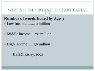 WHY IS IT IMPORTANT TO START EARLY?
Number of words heard by Age 3
 Low Income……..10 million
 Middle income…. 20 million
 High income ……30 million
Hart & Risley, 1995
 