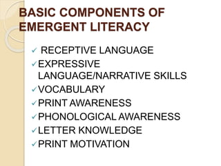 BASIC COMPONENTS OF
EMERGENT LITERACY
 RECEPTIVE LANGUAGE
EXPRESSIVE
LANGUAGE/NARRATIVE SKILLS
VOCABULARY
PRINT AWARENESS
PHONOLOGICAL AWARENESS
LETTER KNOWLEDGE
PRINT MOTIVATION
 