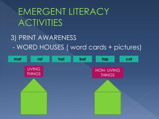 3) PRINT AWARENESS
- WORD HOUSES ( word cards + pictures)
LIVING
THINGS
NON- LIVING
THINGS
mat hatrat bat tap cat
 