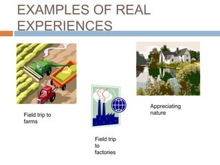 EXAMPLES OF REAL
EXPERIENCES
Field trip to
farms
Field trip
to
factories
Appreciating
nature
 