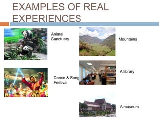 EXAMPLES OF REAL
EXPERIENCES
Animal
Sanctuary
Dance & Song
Festival
A library
Mountains
A museum
 