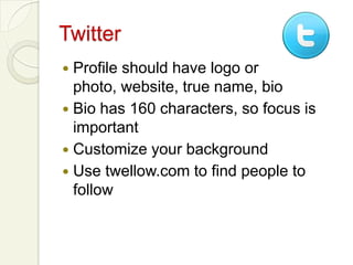 Facebook Business Page1 or 2 posts per day is greatInclude all info about your businessRemember that you are the expert in your field, so post info as a thought leaderBe thankful, notice others- INTERACTShare links to great informationAsk and answer questionsInclude “Facebook only” promotionsPost videos and photosBe authentic and do not sell, sell, sell