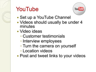 LinkedInPersonal ProfileUpdate your status regularlyFill out your profile to 100%Give recommendations/ask for themConnect with people you do NOT knowJoin Groups and get involvedHave realistic expectationsUse the ApplicationsGet involved with your network activity