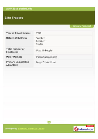 - Company Factsheet -


Year of Establishment   1998

Nature of Business      Supplier
                        Retailer
                        Trader

Total Number of
                        Upto 10 People
Employees

Major Markets           Indian Subcontinent

Primary Competitive     Large Product Line
Advantage
 
