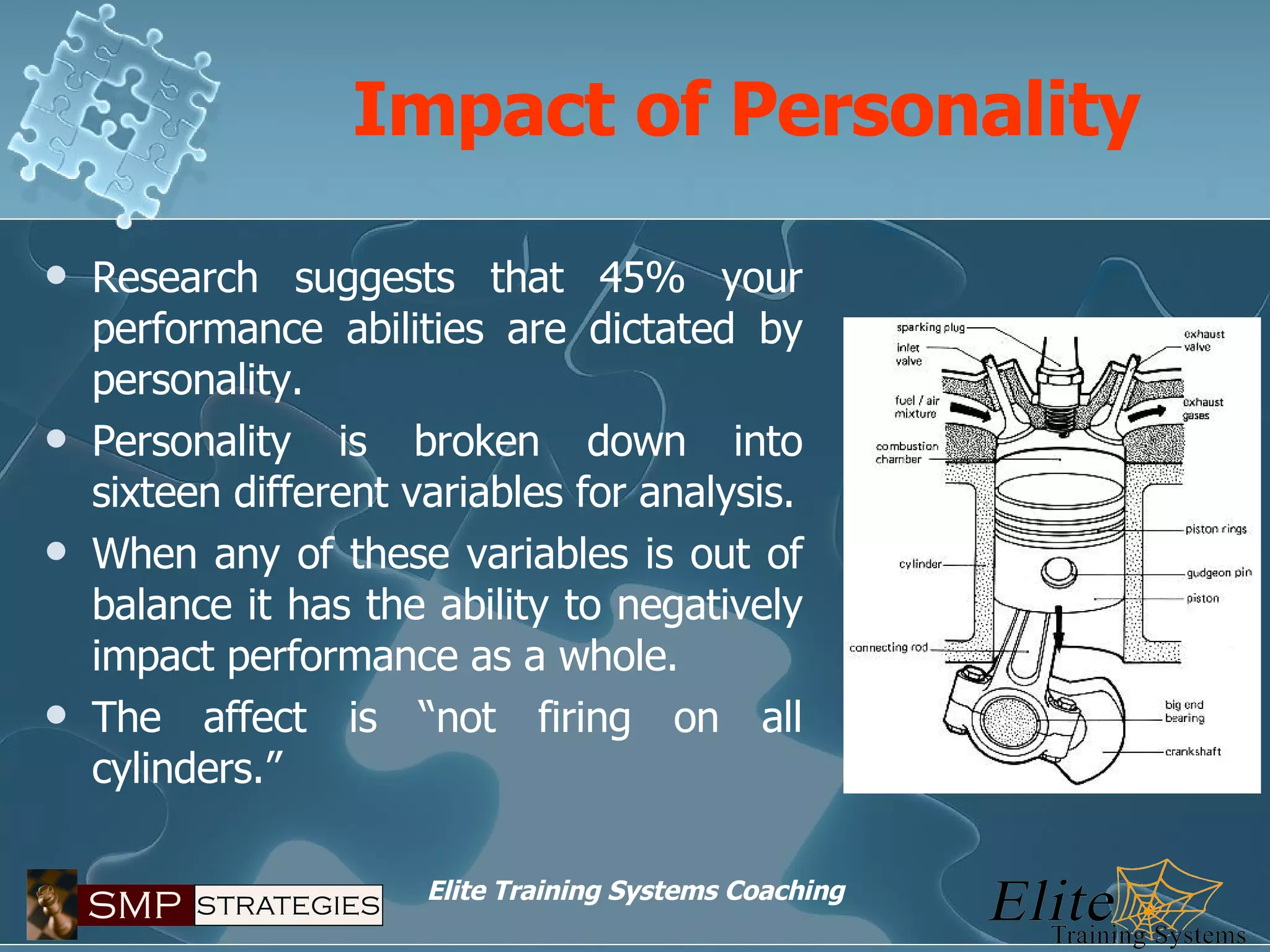 Impact of Personality Research suggests that 45% your performance abilities are dictated by personality. Personality is broken down into sixteen different variables for analysis. When any of these variables is out of balance it has the ability to negatively impact performance as a whole. The affect is “not firing on all cylinders.” 