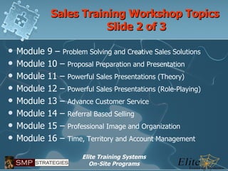 Sales Training Workshop Topics  Slide 2 of 3 Module 9 –  Problem Solving and Creative Sales Solutions Module 10 –  Proposal Preparation and Presentation Module 11 –  Powerful Sales Presentations (Theory) Module 12 –  Powerful Sales Presentations (Role-Playing) Module 13 –  Advance Customer Service Module 14 –  Referral Based Selling Module 15 –  Professional Image and Organization Module 16 –  Time, Territory and Account Management 