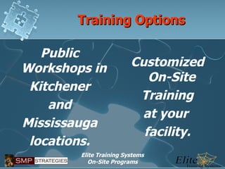 Training Options Public Workshops in Kitchener and Mississauga locations. Customized On-Site Training at your  facility. 