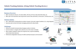 Vehicle Tracking Solution (Using Vehicle Tracking Device )
Business Overview
• BSPL manufactures Pig Iron, Tor Steel, Billets, HR Coils, CR Coils, Alloy Steel Wire Rods, etc
• BPSL cater to the domestic steel requirement sectors like automotive, construction / infrastructure, etc.
Solution Outline
• GPS - GPRS Vehicle Tracking device to detect Location, fuel Level, engine Condition, etc. using integrated sensors
• Generate alert to driver & remote managing authority for abnormality
Challenges
• Difficult to handle the dynamically changing number of vehicles
• Communication is irregular when vehicles are on the move/ unreliable.
• Much support needed to reduce the response time, improve availability
and increase fault tolerance.
• Performance degradation because of traffic overhead and poor communication
 