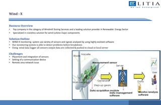 Wind - X
Business Overview
• Top company in the category of Windmill Testing Services and a leading solution provider in Renewable Energy Sector
• Specialized in craneless solution for wind turbine major components
Solution Outline
• WIND-X monitoring system use variety of sensors and signals analyzed by using highly-evolved software
• Our monitoring system is able to detect problems before breakdown
• Using wind data logger all sensors output data are collected & pushed to cloud or local server
Challenges
• Placement and integration of sensors
• Setting of a communication device
• Remote area network issue
 