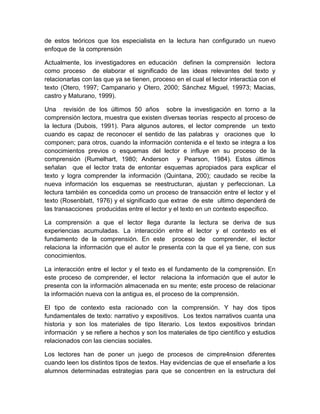 de estos teóricos que los especialista en la lectura han configurado un nuevo
enfoque de la comprensión

Actualmente, los investigadores en educación definen la comprensión lectora
como proceso de elaborar el significado de las ideas relevantes del texto y
relacionarlas con las que ya se tienen, proceso en el cual el lector interactúa con el
texto (Otero, 1997; Campanario y Otero, 2000; Sánchez Miguel, 19973; Macias,
castro y Maturano, 1999).

Una revisión de los últimos 50 años sobre la investigación en torno a la
comprensión lectora, muestra que existen diversas teorías respecto al proceso de
la lectura (Dubois, 1991). Para algunos autores, el lector comprende un texto
cuando es capaz de reconocer el sentido de las palabras y oraciones que lo
componen; para otros, cuando la información contenida e el texto se integra a los
conocimientos previos o esquemas del lector e influye en su proceso de la
comprensión (Rumelhart, 1980; Anderson y Pearson, 1984). Estos últimos
señalan que el lector trata de entontar esquemas apropiados para explicar el
texto y logra comprender la información (Quintana, 200); caudado se recibe la
nueva información los esquemas se reestructuran, ajustan y perfeccionan. La
lectura también es concedida como un proceso de transacción entre el lector y el
texto (Rosenblatt, 1976) y el significado que extrae de este ultimo dependerá de
las transacciones producidas entre el lector y el texto en un contexto especifico.

La comprensión a que el lector llega durante la lectura se deriva de sus
experiencias acumuladas. La interacción entre el lector y el contexto es el
fundamento de la comprensión. En este proceso de comprender, el lector
relaciona la información que el autor le presenta con la que el ya tiene, con sus
conocimientos.

La interacción entre el lector y el texto es el fundamento de la comprensión. En
este proceso de comprender, el lector relaciona la información que el autor le
presenta con la información almacenada en su mente; este proceso de relacionar
la información nueva con la antigua es, el proceso de la comprensión.

El tipo de contexto esta racionado con la comprensión. Y hay dos tipos
fundamentales de texto: narrativo y expositivos. Los textos narrativos cuanta una
historia y son los materiales de tipo literario. Los textos expositivos brindan
información y se refiere a hechos y son los materiales de tipo científico y estudios
relacionados con las ciencias sociales.

Los lectores han de poner un juego de procesos de cimpre4nsion diferentes
cuando leen los distintos tipos de textos. Hay evidencias de que el enseñarle a los
alumnos determinadas estrategias para que se concentren en la estructura del
 