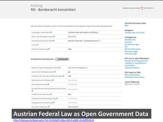 Austrian Federal Law as Open Government Data
http://data.gv.at/datensatz/?id=31430a9f-c8ba-4654-ab68-c9c3dff0361b
 