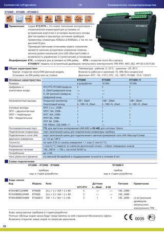 Commercial refrigeration                                                                               CR

 RTN600 – RTX600 – RTX600/V




                              :                RTX/RTN –

                                                                                                                    .

                                                                               KDEplus   KDWplus,
                                                           ECplus.

                                                                                                                ,
                                                                                     LAN (             /       )
                                                                                2-                                      .
                                  : RTX –                                                DIN           ;      RTN –                                         ;
                                    RTX600/V–                                                                                                            (PXV, AKV, EX2, HP130       DS1120)
                                                   :                                                                        :    -5…55° ;            : -20…85°
                      :                                        /DIN                                                                       : 10…90% (                )
                              :    DIN                                                                              : NTC: -50…110° ; PTC: -55…140° ; Pt1000: -55,0…150,0°
                                                                                                      RTN600            RTX600                                     RTX600 /V
              :                                                                                                         10 DIN                                     10 DIN
                                                                  NTC/PTC/Pt1000/         . .         5                 5                                          5
                                       :                          4…20 /                              ---               ---                                        1
                                                                  0…5 (       .)/        . .          ---               ---                                        1
                                                                                                      1                 1                                          1
                                               :                                                      12 =, 20          12 =, 20                                   12 =, 20
                                                                                                      0…10 =/4…20       0…10 =/4…20                                0…10 =/4…20
                                   :                              SPST 2 . ., 250 ~                   1                 1                                          ---
     SPST –                                                       SPDT 16 , 250 ~                     1                 1                                          1
     SPDT –                                                       SPST 16 , 250 ~                     1                 1                                          2
     SSR -                                                        SPDT 8 , 250 ~                      1                 1                                          1
                                                                  SPST 8 , 250 ~                      2                 2                                          1
                                                                  SSR 300 , 220-240 ~/=               ---               ---                                        1
                                                   :              TTL                                    UNICARD RS-485           Televis
                                                           :
                                           LAN:                                                                                                            LAN (        /        )
                                           :                          -55  140°
                  :                                                      0,5%                               +1              (1      0,1° )
                          :                                       1    0,1° (                                                        )–
                                           :                      100…240 ~ r 10%                     50/60
                              :                                     :6
                                                       :                                                                                             8
                                       :
                                   RTX600 – RTD600 - RTN600                                                                                         RTX600/V




                              :

                                                                                                      NTC/PTC               4…20         0-5
     RTN5HBE1S2H80R                        RTN600                     2 . .+ 2 x 16 + 2 x 8A              5                   ---              ---       100…240 ~
     RTX5HBM0S2H00R                        RTX600                     2 . .+ 2 x 16 + 2 x 8A              5                   ---              ---       100…240 ~
     RTXNVBM0S3H00R                        RTX600/V                   SSR + 3 x 16 + 2 x 8A               5                    1                1        100…240 ~




                                                                                               web                                              .
                                                                                                  .

39
 