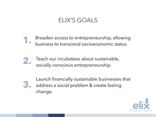 ELIX’S GOALS
1.
2.
3.
Broaden access to entrepreneurship, allowing
business to transcend socioeconomic status.
Teach our incubatees about sustainable,
socially conscious entrepreneurship.
Launch ﬁnancially sustainable businesses that
address a social problem & create lasting
change.
 