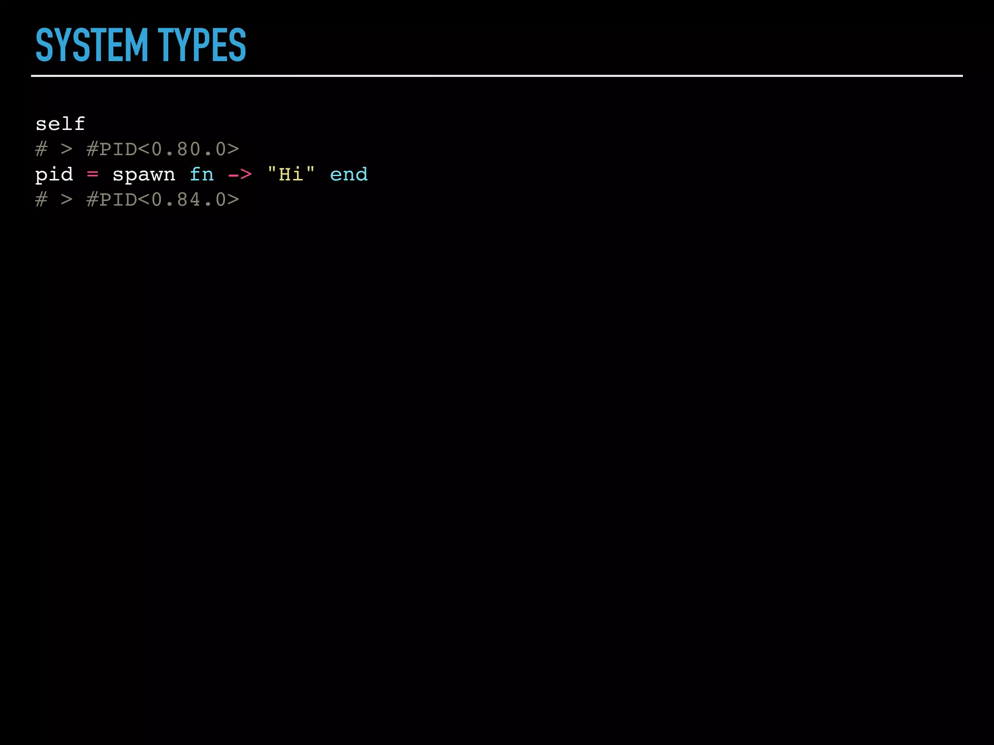 PATTERN MATCHING
list = [1, 2, 3]
# > [1, 2, 3]
[_, teas] = [3, ["Puer", "Da Hong Pao", "Longjing", "Biluochun"]]
# > [3, ["Puer", "Da Hong Pao", "Longjing", "Biluochun"]]
teas
# > ["Puer", "Da Hong Pao", "Longjing", "Biluochun"]
[tea, tea] = [1, 2]
# > ** (MatchError) no match of right hand side value: [1, 2]
 