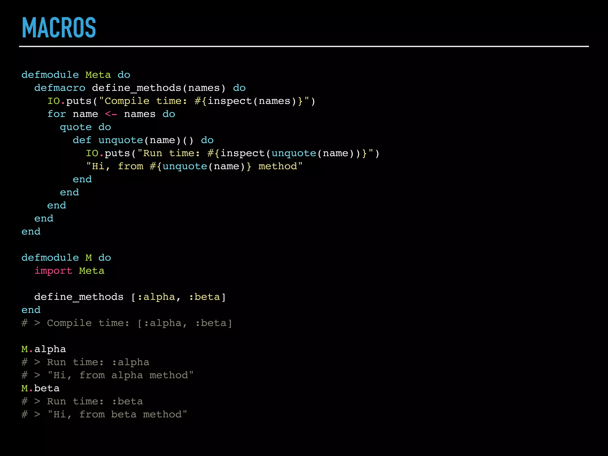 |> Elixir is lexically scoped
|> Basic unit – function body
|> Module has it’s own non visible for functions scope
|> Comprehensions and with create a separate lexical scope
SCOPES
 