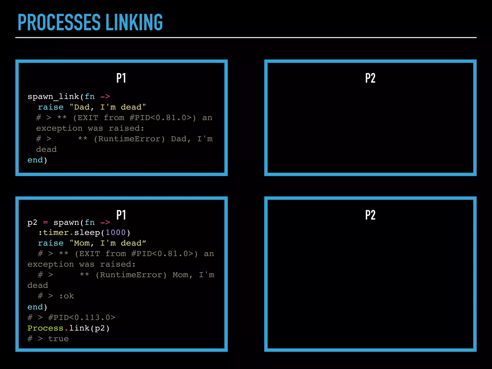 PROCESSES
P1 P2
p1 = spawn(fn ->
end)
# > #PID<0.86.0>
Process.alive?(p1)
# > false
p2 = self()
# > #PID<0.95.0>
Process.alive?(p2)
# > true
 