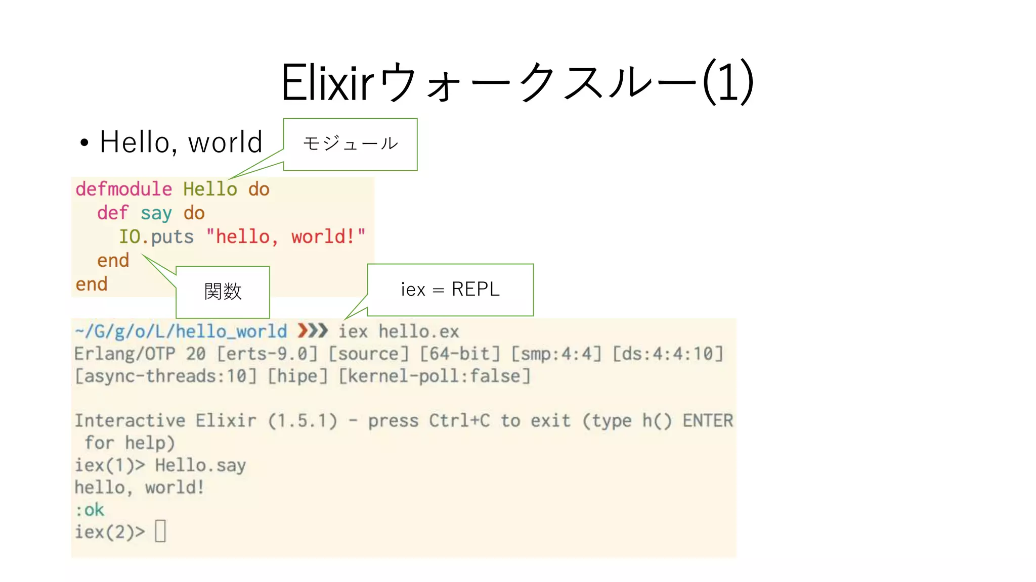 Elixirウォークスルー(1)
• Hello, world モジュール
関数 iex = REPL
 