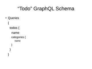“Todo” GraphQL Schema
● Queries
{
todos {
name
categories {
name
}
}
}
 