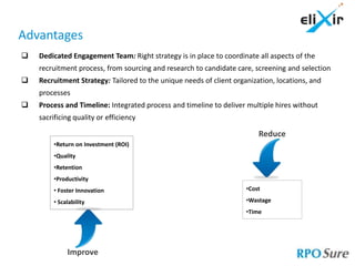 Advantages
   Dedicated Engagement Team: Right strategy is in place to coordinate all aspects of the
    recruitment process, from sourcing and research to candidate care, screening and selection
   Recruitment Strategy: Tailored to the unique needs of client organization, locations, and
    processes
   Process and Timeline: Integrated process and timeline to deliver multiple hires without
    sacrificing quality or efficiency

                                                                         Reduce
         •Return on Investment (ROI)
         •Quality
         •Retention
         •Productivity
         • Foster Innovation                                         •Cost

         • Scalability                                               •Wastage
                                                                     •Time




              Improve
 