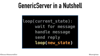 #Devoxx #AwesomeElixir @koenighotze
GenericServer in a Nutshell
loop(current_state):
wait for message
handle message
send reply
loop(new_state)
 