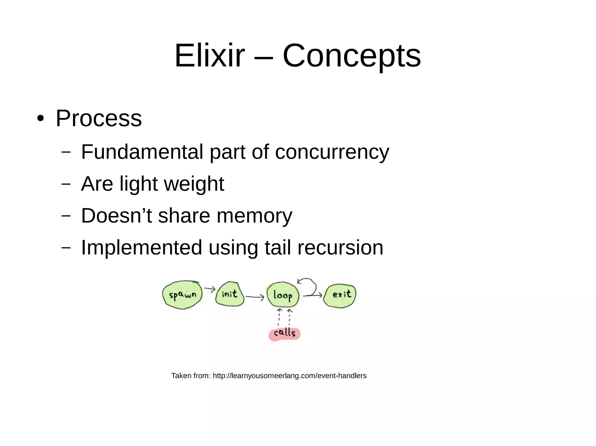 Elixir – Concepts
● Process
– Fundamental part of concurrency
– Are light weight
– Doesn’t share memory
– Implemented using tail recursion
Taken from: http://learnyousomeerlang.com/event-handlers
 