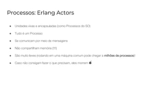 Processos: Erlang Actors
● Unidades vivas e encapsuladas (como Processos do SO)
● Tudo é um Processo
● Se comunicam por meio de mensagens
● Não compartilham memória (!!!!)
● São muito leves (rodando em uma máquina comum pode chegar a milhões de processos)!
● Caso não consigam fazer o que precisam, eles morrem 💣
 