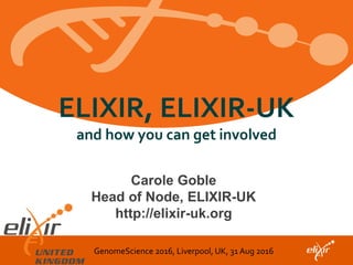 ELIXIR, ELIXIR-UK
and how you can get involved
Carole Goble
Head of Node, ELIXIR-UK
http://elixir-uk.org
GenomeScience 2016, Liverpool, UK, 31 Aug 2016
 