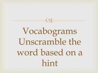 
Vocabograms
Unscramble the
word based on a
hint
 