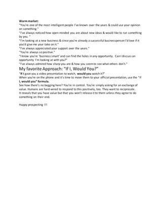 Prospecting Scripts Examples Network Marketing Prospecting Scripts | DOCX