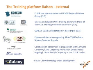 The Training platform liaison - external
ELIXIR has representative in EDISON External Liaison
Group (ELG)
Discuss and align ELIXIR’s training plans with those of
the BD2K Training Coordination Center (TCC)
GOBLET-ELIXIR Collaboration in place (April 2015)
Explore collaboration regarding RDA-CODATA Data
Science Summer Schools
Collaboration agreement in preparation with Software
Carpentry/Data Carpentry foundation (pilot already
ongoing). Build SWC/DC capacity in the ELIXIR nodes
Galaxy , ELIXIR strategy under development
 
