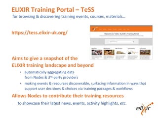 ELIXIR Training Portal – TeSS
for browsing & discovering training events, courses, materials…
https://tess.elixir-uk.org/
Aims to give a snapshot of the
ELIXIR training landscape and beyond
• automatically aggregating data
from Nodes & 3rd-party providers
• making events & resources discoverable, surfacing information in ways that
support user decisions & choices via training packages & workflows
Allows Nodes to contribute their training resources
• to showcase their latest news, events, activity highlights, etc.
 