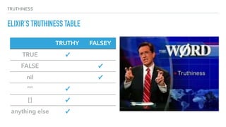 TRUTHINESS
ELIXIR’S TRUTHINESS TABLE
TRUTHY FALSEY
TRUE ✓
FALSE ✓
nil ✓
“” ✓
[] ✓
anything else ✓
 