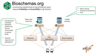 Bioschemas.org
Search enginesRegistries
Data
Aggregators
• Standardised
metadata
• Metadata
publish and
harvest
without APIs
or special
feeds
• Feed bio
registries and
aggregators
A community initiative built on top of Schemas.org to
improve Findability and Accessibility in Life Sciences • Rapid markup
• Exposed to harvesting
• Find
Major data
resources
Smaller
datasets
Bioschemas Bioschemas
 