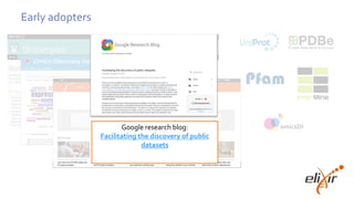 omicsDI
Early adopters
Google research blog:
Facilitating the discovery of public
datasets
 