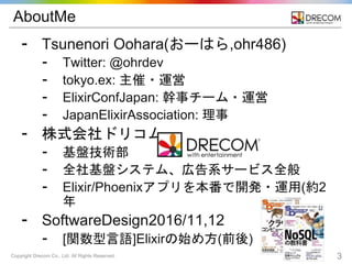 Copyright Drecom Co., Ltd. All Rights Reserved. 3
AboutMe
⁃ Tsunenori Oohara(おーはら,ohr486)
⁃ Twitter: @ohrdev
⁃ tokyo.ex: 主催・運営
⁃ ElixirConfJapan: 幹事チーム・運営
⁃ JapanElixirAssociation: 理事
⁃ 株式会社ドリコム
⁃ 基盤技術部
⁃ 全社基盤システム、広告系サービス全般
⁃ Elixir/Phoenixアプリを本番で開発・運用(約2
年
⁃ SoftwareDesign2016/11,12
⁃ [関数型言語]Elixirの始め方(前後)
 