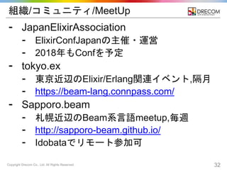 Copyright Drecom Co., Ltd. All Rights Reserved. 32
組織/コミュニティ/MeetUp
⁃ JapanElixirAssociation
⁃ ElixirConfJapanの主催・運営
⁃ 2018年もConfを予定
⁃ tokyo.ex
⁃ 東京近辺のElixir/Erlang関連イベント,隔月
⁃ https://beam-lang.connpass.com/
⁃ Sapporo.beam
⁃ 札幌近辺のBeam系言語meetup,毎週
⁃ http://sapporo-beam.github.io/
⁃ Idobataでリモート参加可
 