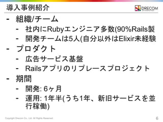 Copyright Drecom Co., Ltd. All Rights Reserved. 6
導入事例紹介
⁃ 組織/チーム
⁃ 社内にRubyエンジニア多数(90%Rails製
⁃ 開発チームは5人(自分以外はElixir未経験
⁃ プロダクト
⁃ 広告サービス基盤
⁃ Railsアプリのリプレースプロジェクト
⁃ 期間
⁃ 開発: 6ヶ月
⁃ 運用: 1年半(うち1年、新旧サービスを並
行稼働)
 