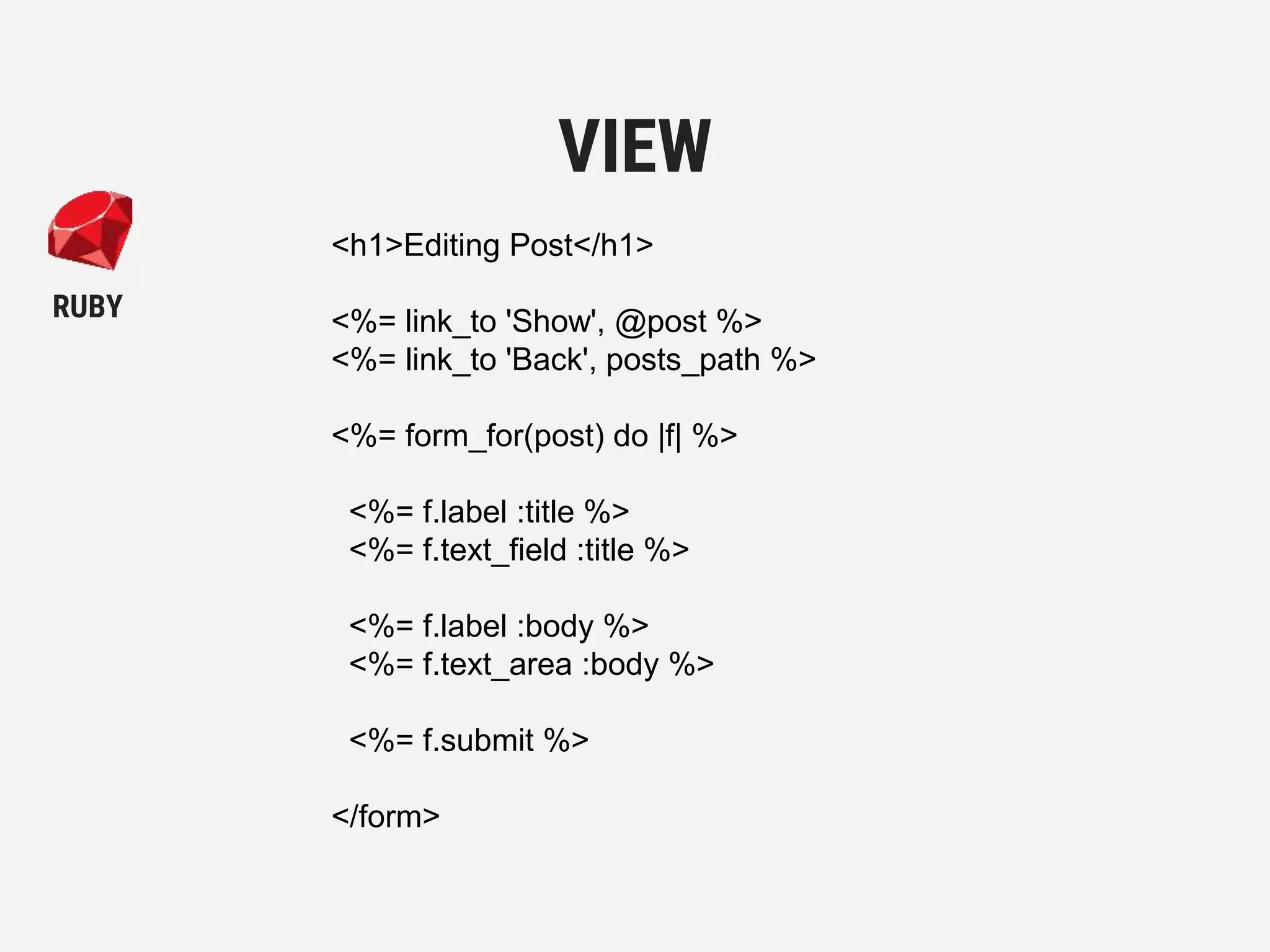 <h1>Editing Post</h1>
<%= link_to 'Show', @post %>
<%= link_to 'Back', posts_path %>
<%= form_for(post) do |f| %>
<%= f.label :title %>
<%= f.text_field :title %>
<%= f.label :body %>
<%= f.text_area :body %>
<%= f.submit %>
</form>
VIEW
RUBY
 