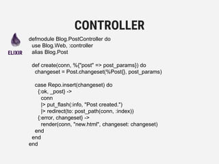 defmodule Blog.PostController do
use Blog.Web, :controller
alias Blog.Post
def create(conn, %{"post" => post_params}) do
changeset = Post.changeset(%Post{}, post_params)
case Repo.insert(changeset) do
{:ok, _post} ->
conn
|> put_flash(:info, "Post created.")
|> redirect(to: post_path(conn, :index))
{:error, changeset} ->
render(conn, "new.html", changeset: changeset)
end
end
end
CONTROLLER
ELIXIR
 