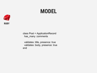 class Post < ApplicationRecord
has_many :comments
validates :title, presence: true
validates :body, presence: true
end
MODEL
RUBY
 