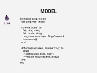 defmodule Blog.Post do
use Blog.Web, :model
schema "posts" do
field :title, :string
field :body, :string
has_many :comments, Blog.Comment
timestamps()
end
def changeset(struct, params  %{}) do
struct
|> cast(params, [:title, :body])
|> validate_required([:title, :body])
end
end
MODEL
ELIXIR
 