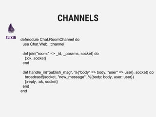 defmodule Chat.RoomChannel do
use Chat.Web, :channel
def join("room:" <> _id, _params, socket) do
{:ok, socket}
end
def handle_in("publish_msg", %{"body" => body, "user" => user}, socket) do
broadcast!(socket, "new_message", %{body: body, user: user})
{:reply, :ok, socket}
end
end
CHANNELS
ELIXIR
 