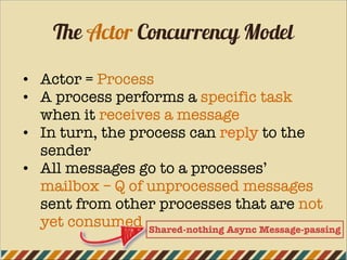 The Actor Concurrency Model
• Actor = Process
• A process performs a specific task
when it receives a message
• In turn, the process can reply to the
sender
• All messages go to a processes’
mailbox – Q of unprocessed messages
sent from other processes that are not
yet consumed Shared-nothing Async Message-passing
 