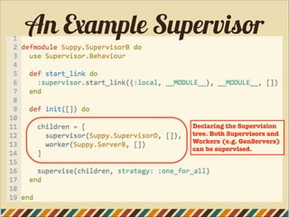 An Example Supervisor
Declaring the Supervision
tree. Both Supervisors and
Workers (e.g. GenServers)
can be supervised.
 