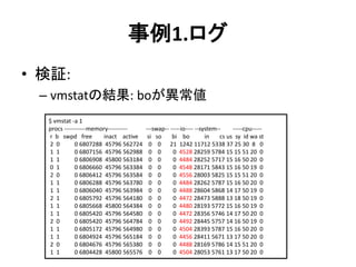事例1.ログ
• 検証:
– vmstatの結果: boが異常値
$ vmstat -a 1
procs -----------memory---------- ---swap-- -----io---- --system-- -----cpu-----
r b swpd free inact active si so bi bo in cs us sy id wa st
2 0 0 6807288 45796 562724 0 0 21 1242 11712 5338 37 25 30 8 0
1 1 0 6807156 45796 562988 0 0 0 4528 28259 5784 15 15 51 20 0
1 1 0 6806908 45800 563184 0 0 0 4484 28252 5717 15 16 50 20 0
0 1 0 6806660 45796 563384 0 0 0 4548 28171 5843 15 16 50 19 0
2 0 0 6806412 45796 563584 0 0 0 4556 28003 5825 15 15 51 20 0
1 1 0 6806288 45796 563780 0 0 0 4484 28262 5787 15 16 50 20 0
1 1 0 6806040 45796 563984 0 0 0 4488 28604 5868 14 17 50 19 0
2 1 0 6805792 45796 564180 0 0 0 4472 28473 5888 13 18 50 19 0
1 1 0 6805668 45800 564384 0 0 0 4480 28193 5772 15 16 50 19 0
1 1 0 6805420 45796 564580 0 0 0 4472 28356 5746 14 17 50 20 0
2 0 0 6805420 45796 564784 0 0 0 4492 28445 5757 14 16 50 19 0
1 1 0 6805172 45796 564980 0 0 0 4504 28393 5787 15 16 50 20 0
1 1 0 6804924 45796 565184 0 0 0 4456 28411 5671 13 17 50 20 0
2 0 0 6804676 45796 565380 0 0 0 4488 28169 5786 14 15 51 20 0
1 1 0 6804428 45800 565576 0 0 0 4504 28053 5761 13 17 50 20 0
 