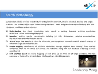 Search Methodology
Our selection process is based on a structured and systematic approach, which is proactive, detailed and target
oriented. This process begins with understanding the clients' needs and goes all the way to follow-up with both
clients and candidates post recruitment.

   Understanding the client organization with regard to existing business activities, organization
    structure & culture and future growth plans
   Mapping position specific competencies including job title, deliverables, principal accountabilities,
    key result areas and other relevant details
   Search Target Plan: Keeping in mind the orientation, our engagement team will establish a search strategy to
    effectively target desired candidates
   People Mapping: Identification of potential candidates through targeted 'head hunting' from selected
    companies, then we will utilize our sources and networks along with our database to develop an initial
    candidate list
   First Shortlist: Based on people mapping, we will draw up an initial list of target candidates. The most
    promising of these will be presented as a list of people we intend to approach
 