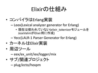 Elixirの仕組み
• コンパイラはErlang実装
– Leex(Lexical analyzer generator for Erlang)
• 現在は使われていない(elixir_tokenizerモジュールを
JoseValimがElixir用に作成)
– Yecc(LALR-1 Parser Generator for Erlang)
• カーネルはElixir実装
• 周辺ツール
– eex/ex_unit/iex/logger/mix
• サブ/関連プロジェクト
– plug/ecto/hexpm
 