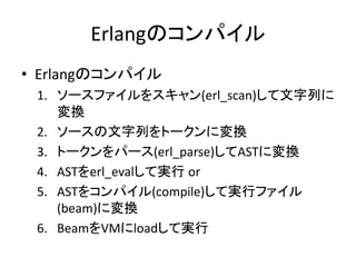 Erlangのコンパイル
• Erlangのコンパイル
1. ソースファイルをスキャン(erl_scan)して文字列に
変換
2. ソースの文字列をトークンに変換
3. トークンをパース(erl_parse)してASTに変換
4. ASTをerl_evalして実行 or
5. ASTをコンパイル(compile)して実行ファイル
(beam)に変換
6. BeamをVMにloadして実行
 