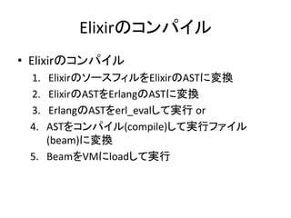 Elixirのコンパイル
• Elixirのコンパイル
1. ElixirのソースフィルをElixirのASTに変換
2. ElixirのASTをErlangのASTに変換
3. ErlangのASTをerl_evalして実行 or
4. ASTをコンパイル(compile)して実行ファイル
(beam)に変換
5. BeamをVMにloadして実行
 